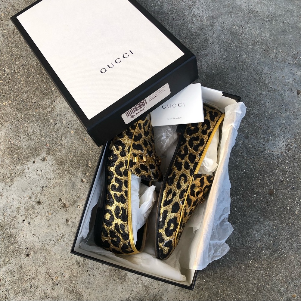 Gucci leopard print jacquard loafers flats EU 41 US 10.5 gold black designer